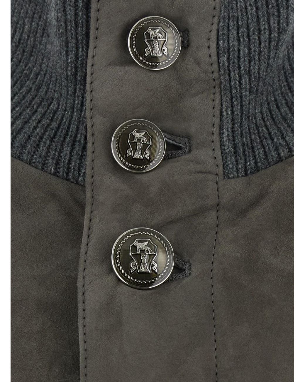 Brunello Cucinelli Gray High-Neck Jacket With Jewel Buttons And Ribbed for men