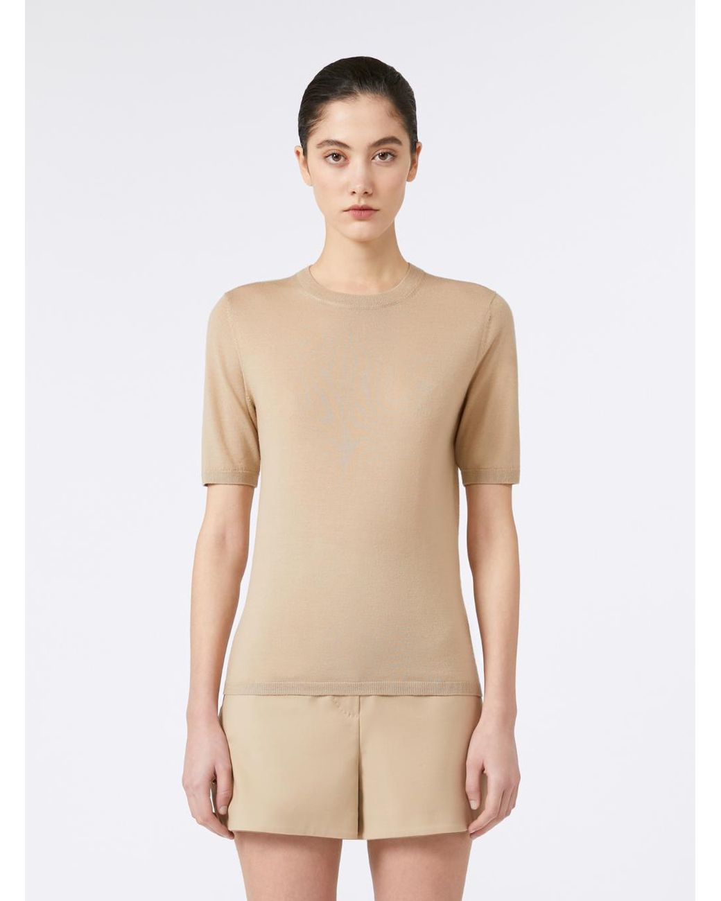 Max Mara Natural Crewneck Sweater With Short Sleeves Virgin Wool Tops