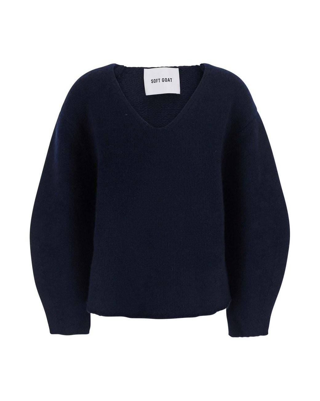 Soft Goat Blue Cashmere Puff Sleeves V Neck Sweater