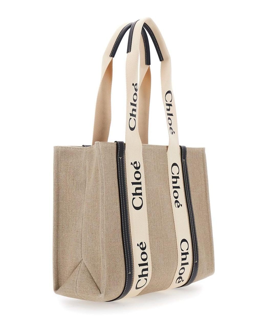 Borsa tote 'woody' media con nastro multicolor in pelle e lino donna chloé di Chloé in Natural