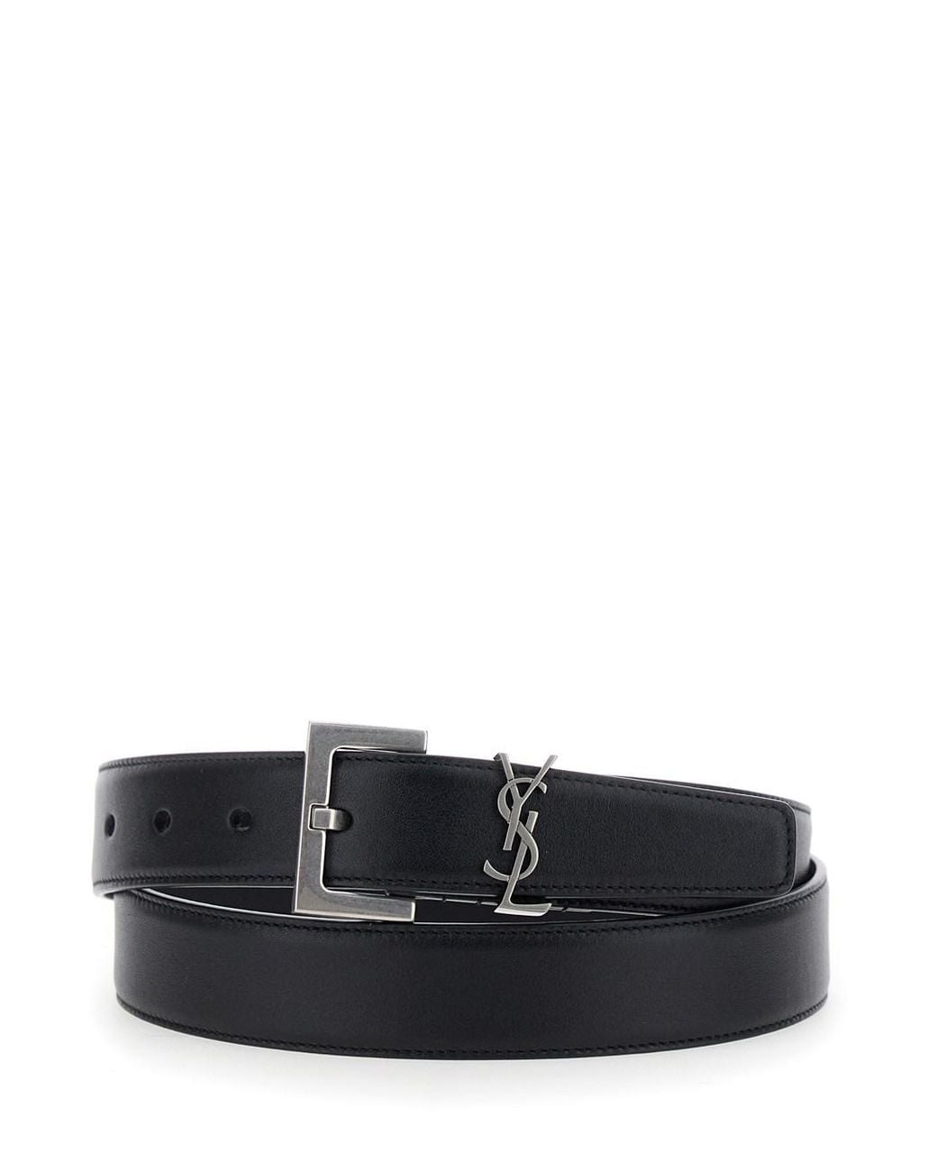 Saint Laurent Black Belt With Cassandre Plate, Leather Calf