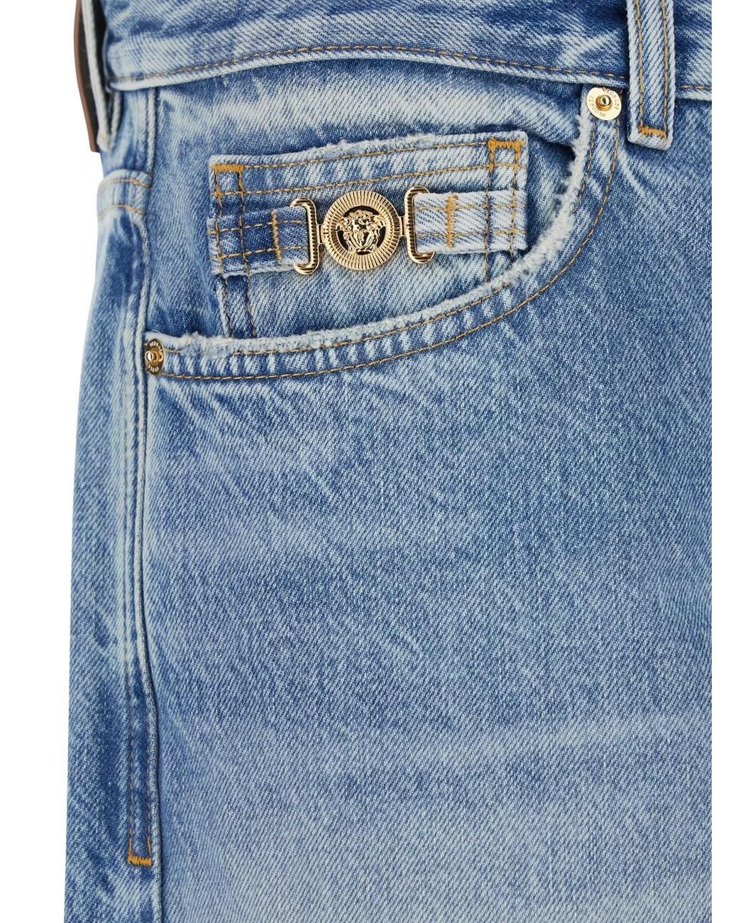 Versace Blue Jeans With Back Logo Patch And Faded Effect for men