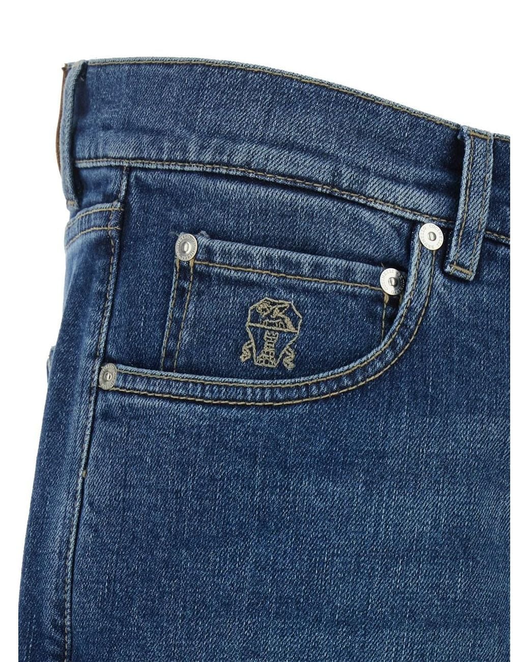 Brunello Cucinelli Blue Jeans With Logo Embroidery On The Front And Lo for men