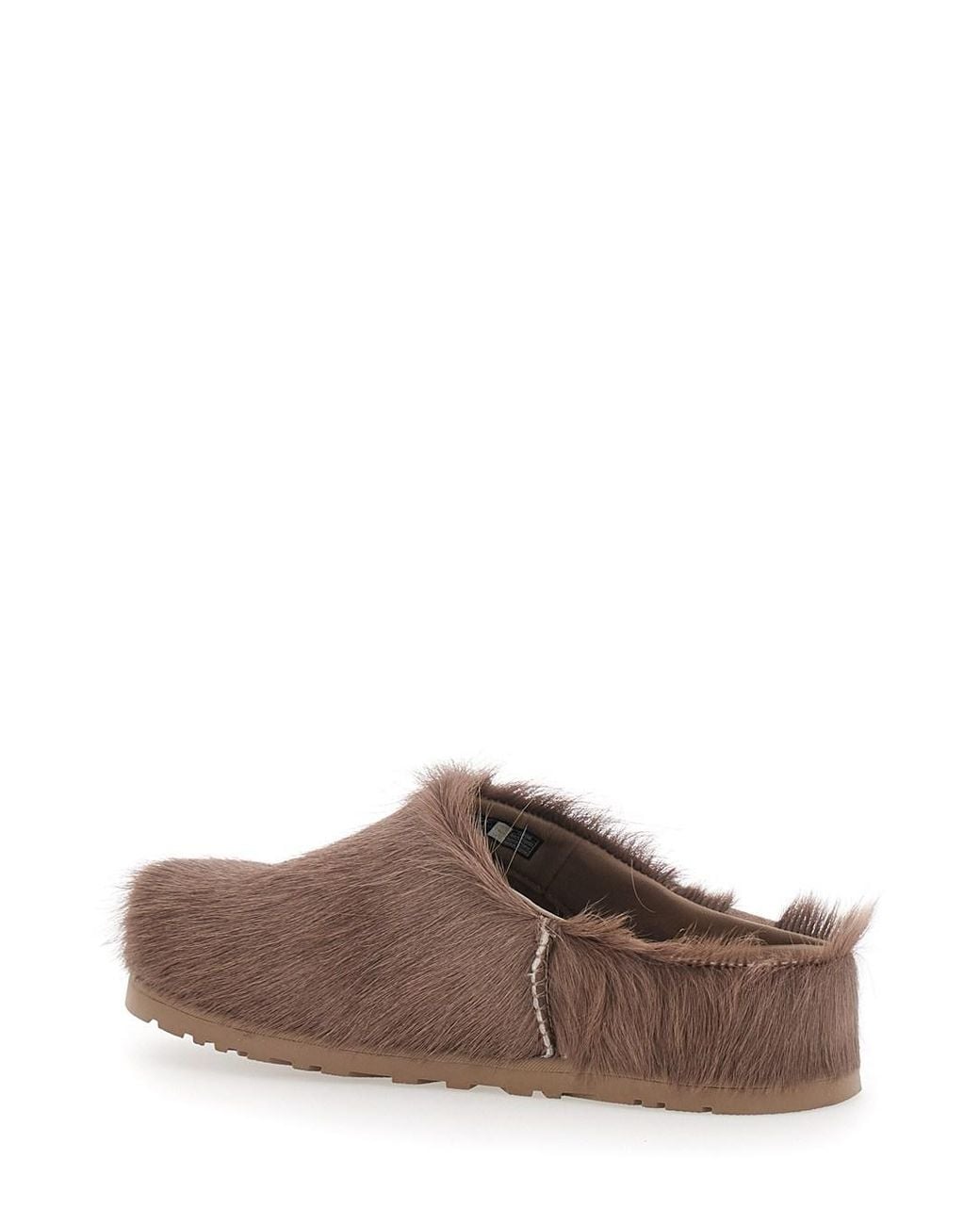 Ugg Brown Otzo Leather Hair Clog Mule With Soft Fur And Rubber Sole