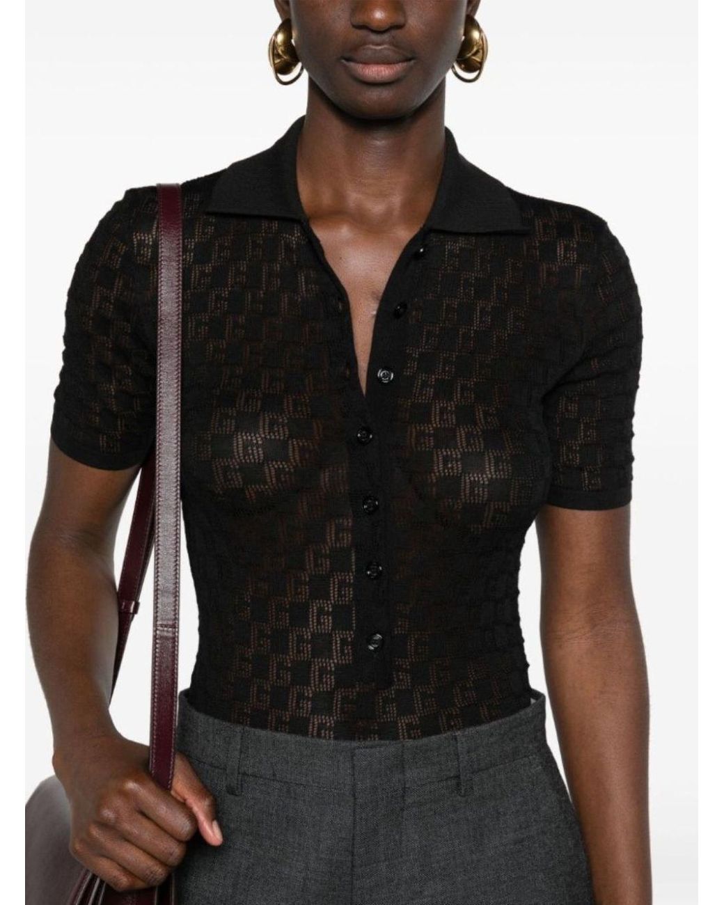 Gucci Black Polo Shirt With Button Closure And Gg Motif
