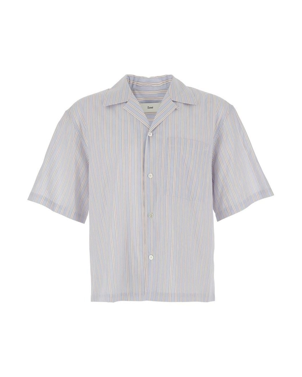 DUNST Gray Shirt With Open Collar And All-Over Striped Motif for men