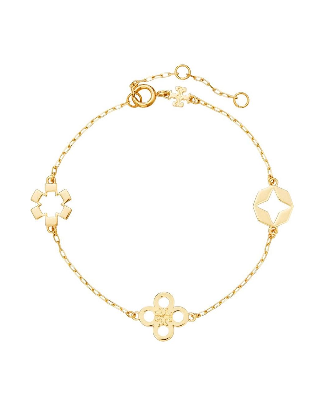 Tory Burch Metallic Floral Charm Brass Bracelet With Cubic Zirconia Detail
