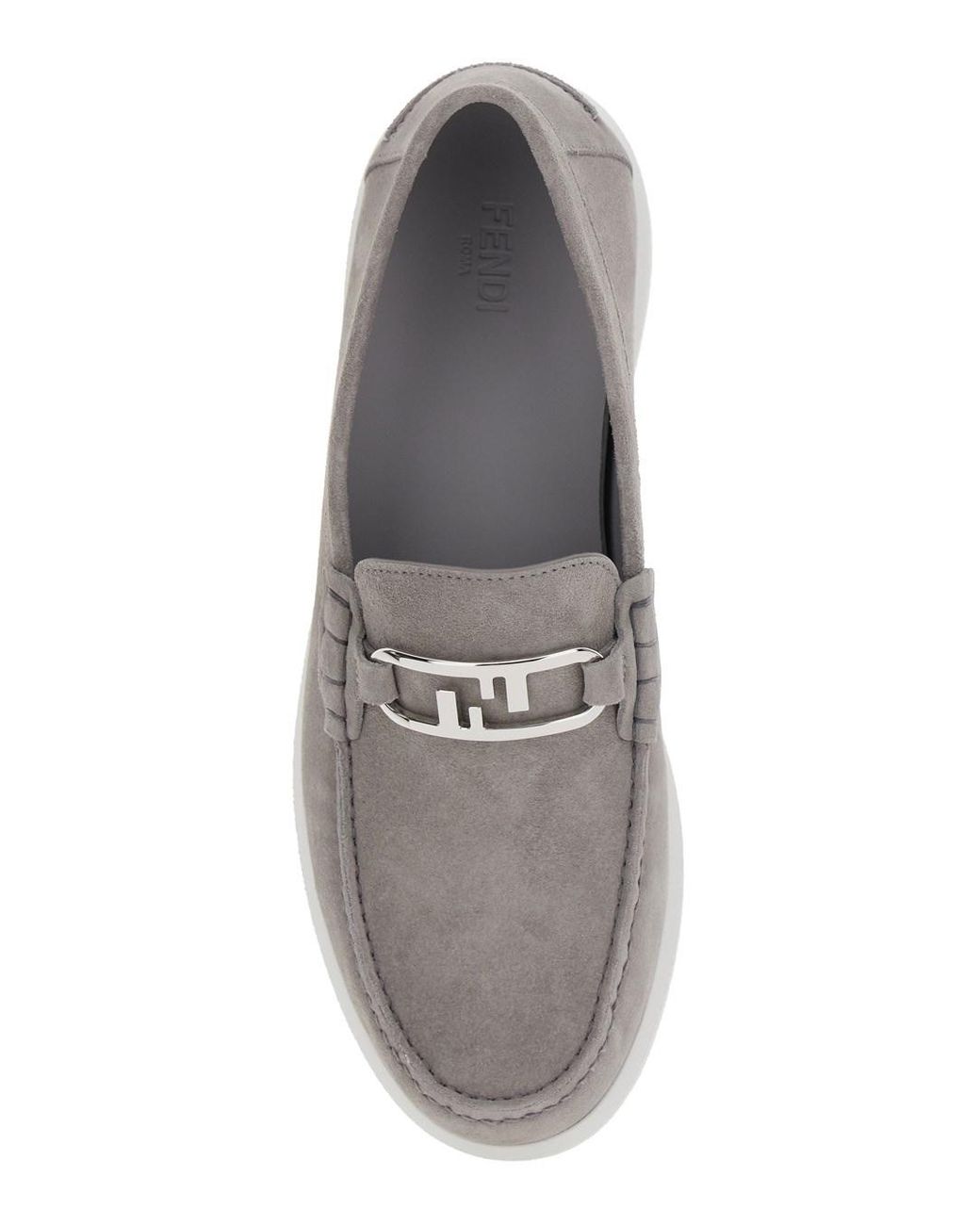 Fendi Gray Loafers With Ff Metal Buckle And Contrasting Sole for men