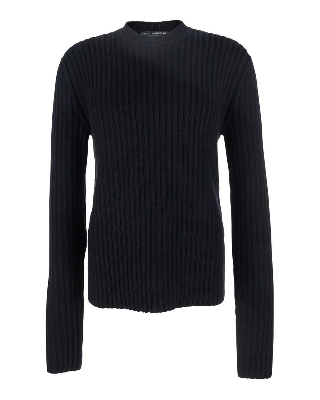 Dolce & Gabbana Blue Ribbed Knit Crewneck Sweater With Logo Patch On The Rear for men