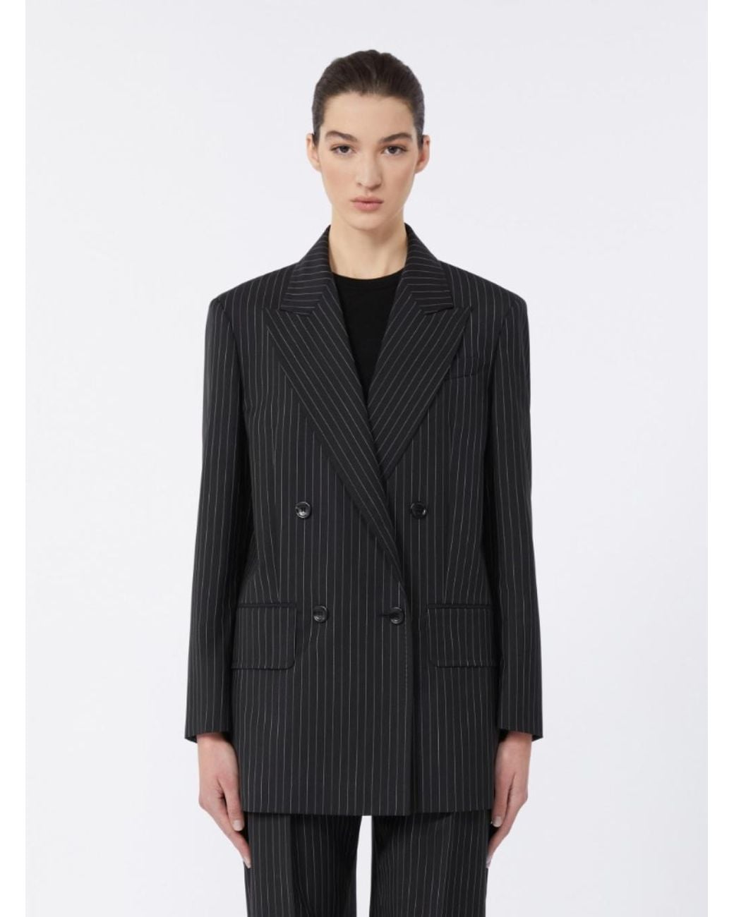 Max Mara Black 'Mattia' Double-Breasted Jacket With Peak Revers And All-Over Striped Motif