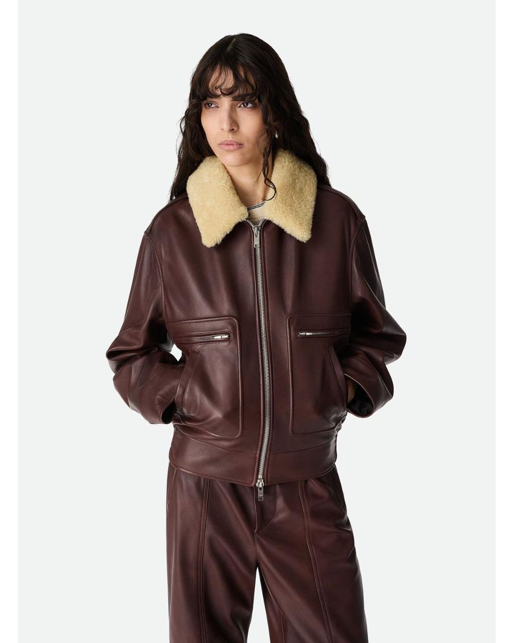 Bottega Veneta Brown Shearling Coat With Removable Fur Collar And Fron
