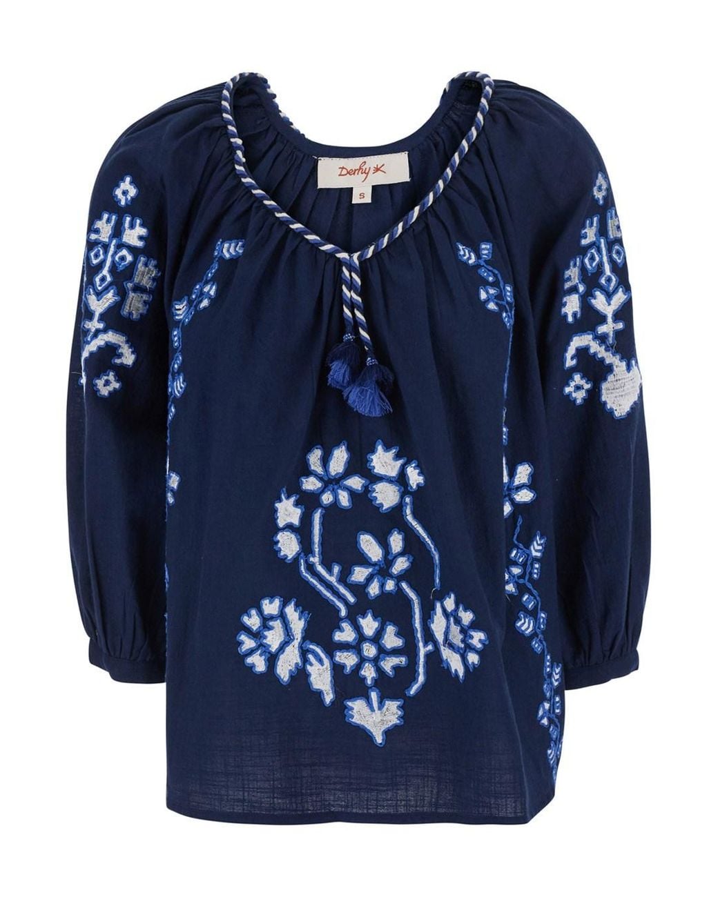 Rene' Derhy Blue 'Enora' Blouse With Balloon Sleeves And All-Over Floral Emb