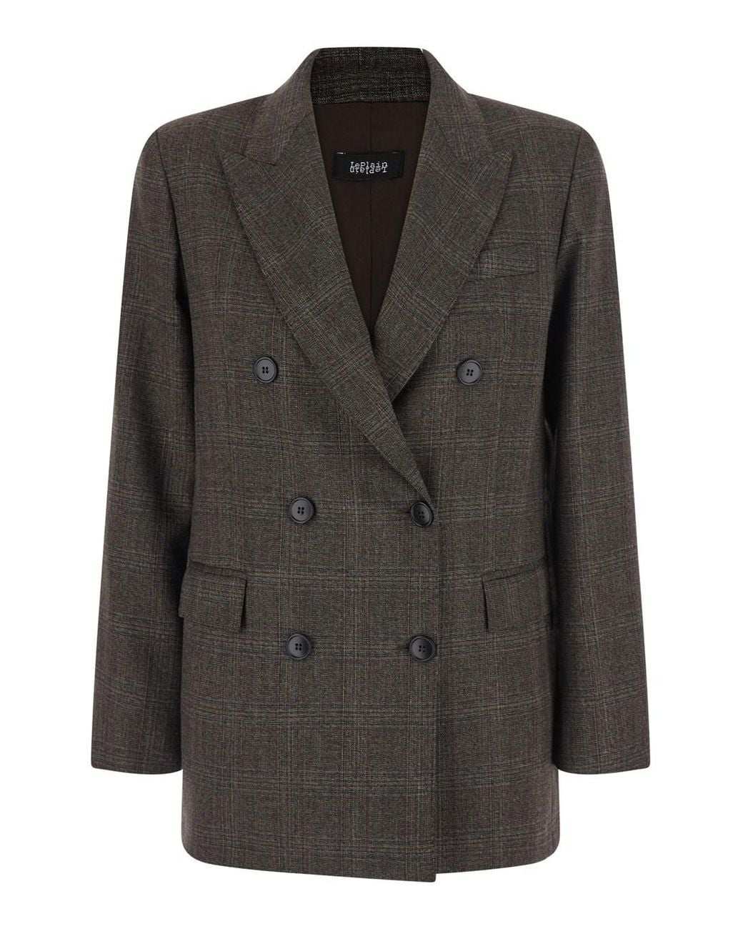 Le Plain Black Double-Breasted Blazer With Check Motif And Fabric And U