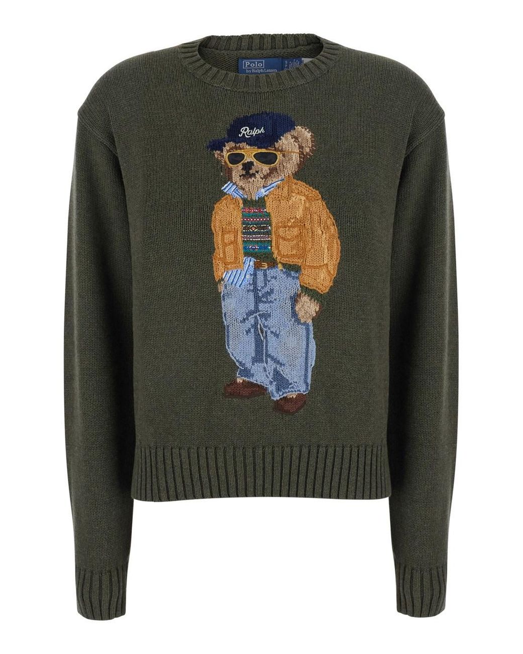 Ralph Lauren Green Crewneck Sweater Bear Embroidery Wool Tops