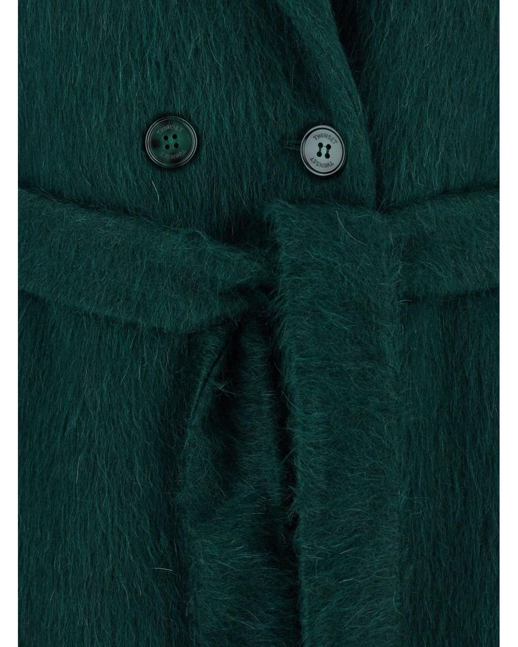 Twinset Green Double-Breasted Coat With Notched Revers And Belt On The