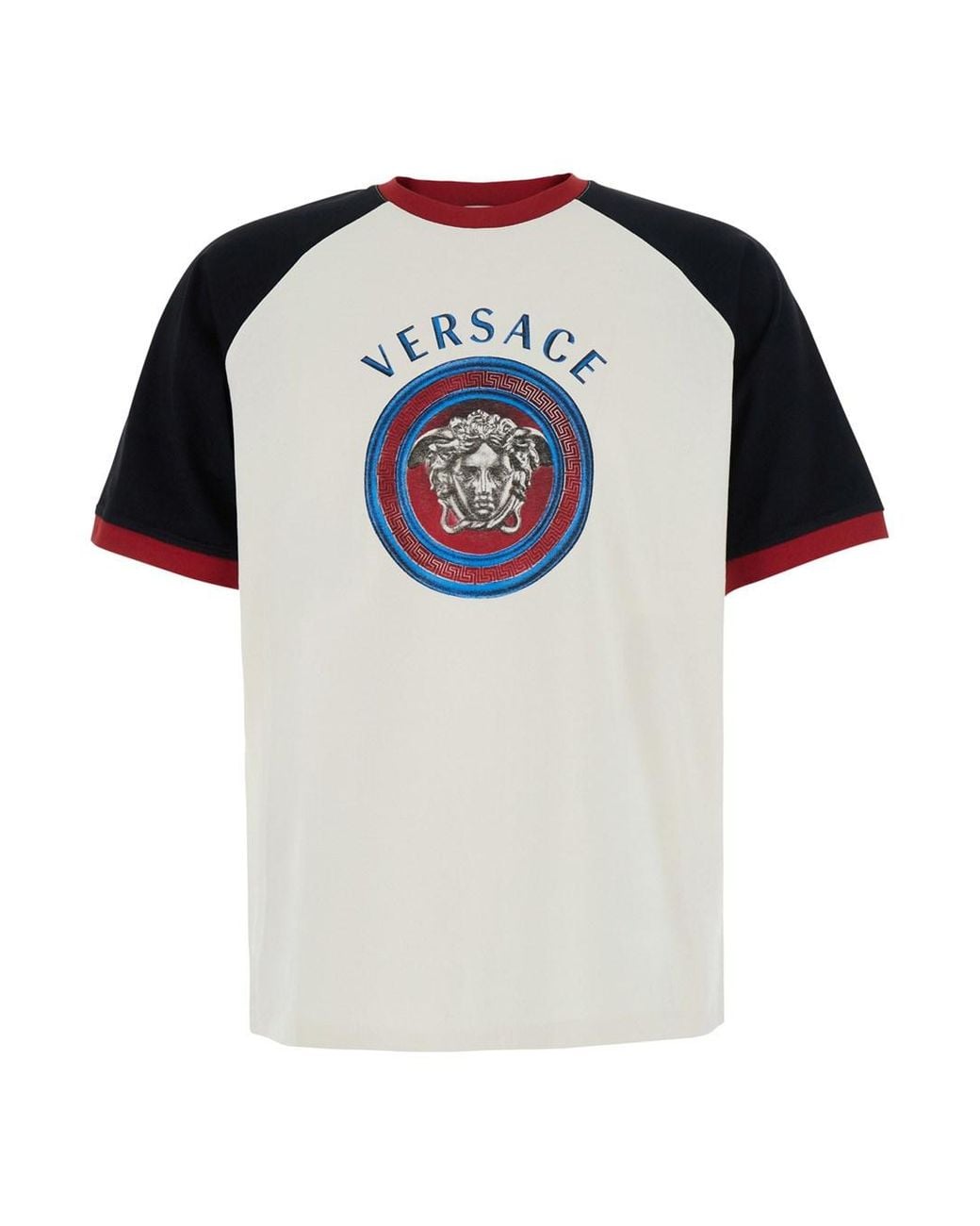 Versace Black Crew Neck T-Shirt With Logo Lettering And Medusa Embroidery On The Front for men