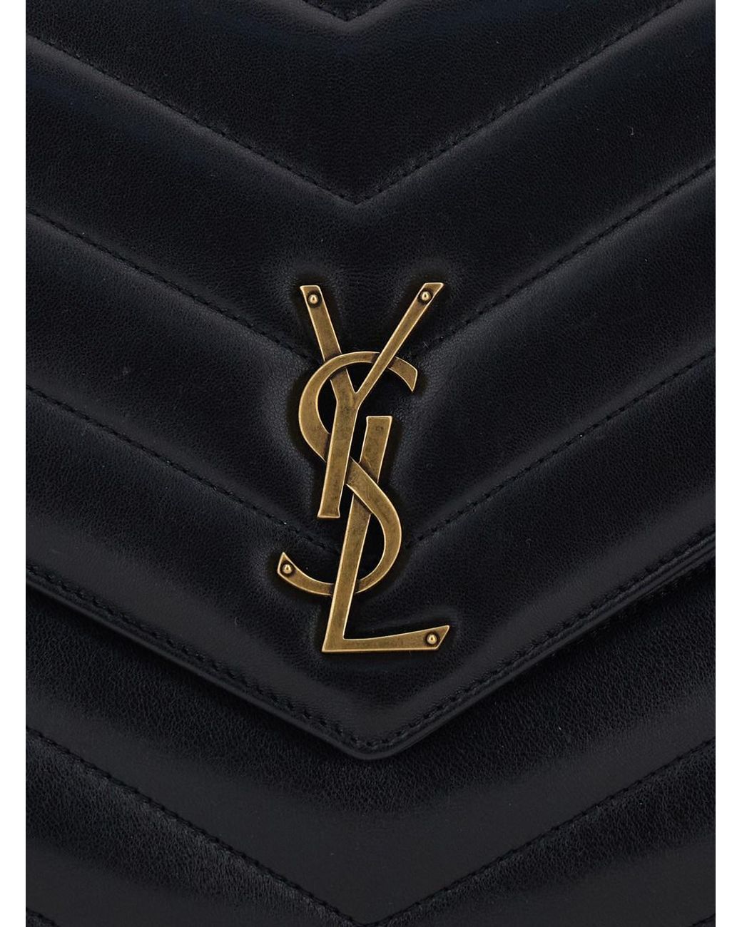 Saint Laurent Black Crossbody Bag 'Loulou' Large With Sliding Chain Strap And Cassandre Plaque On Front