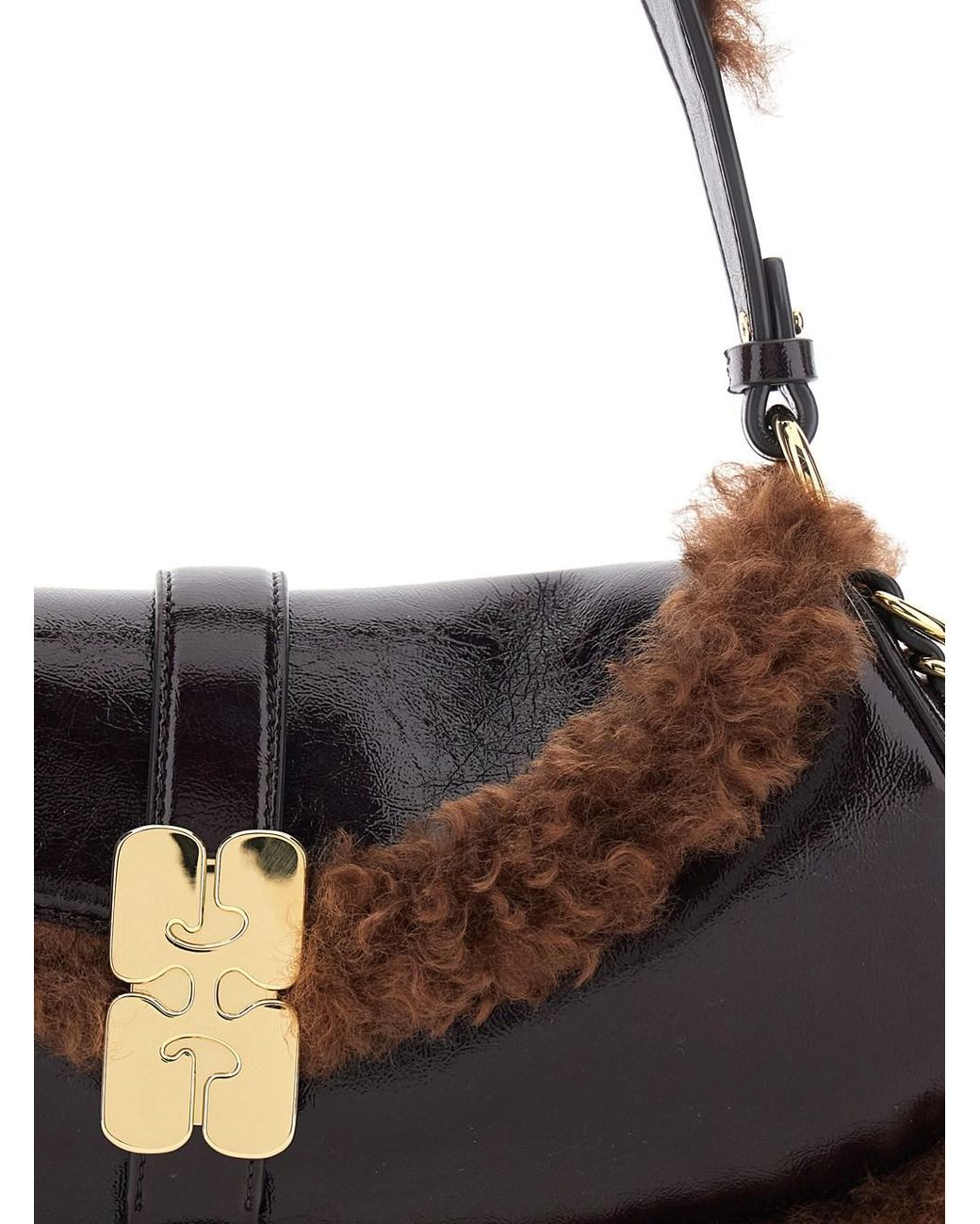 Ganni Black Shoulder Bag With Fur Piping