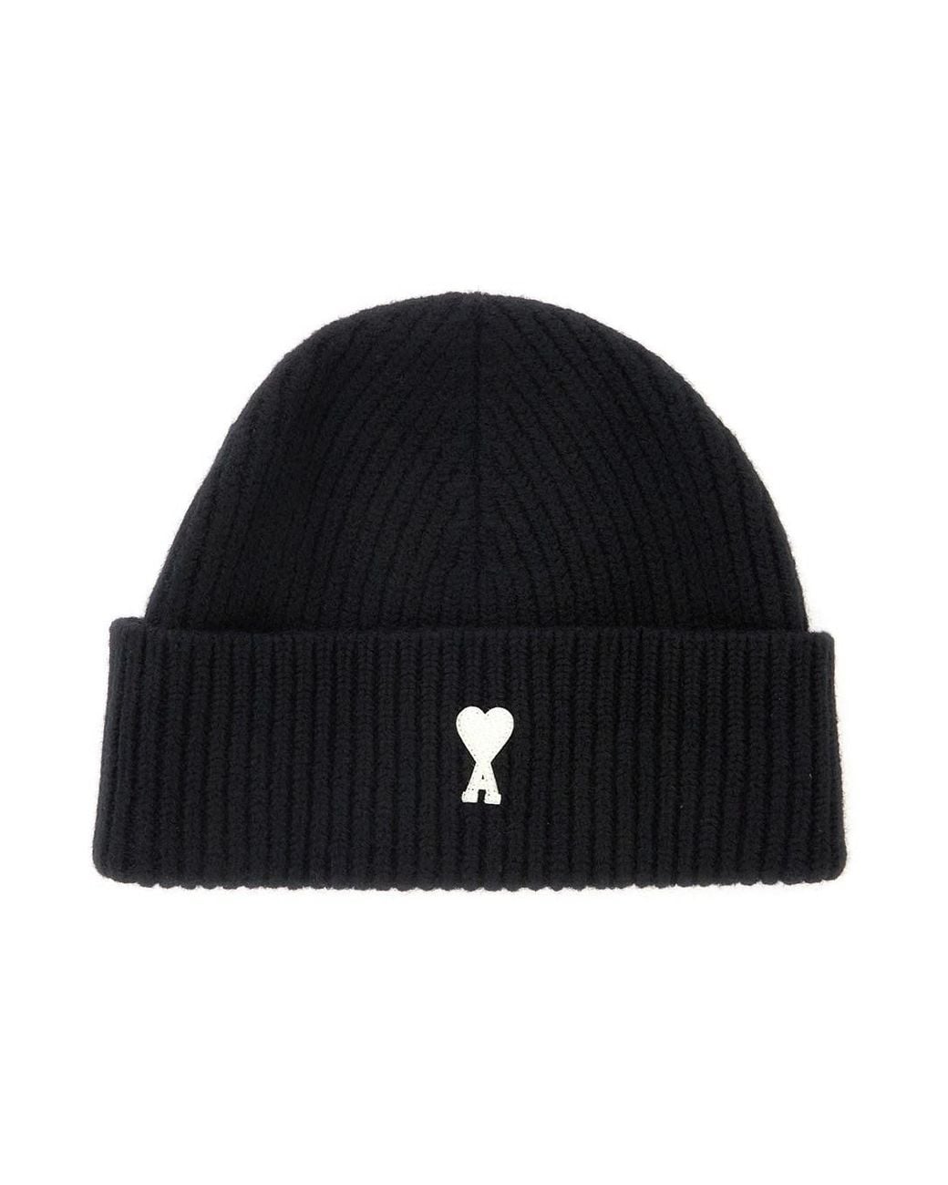 AMI Black Ami Paris Ubo006 Wool Ribbed Beanie for men