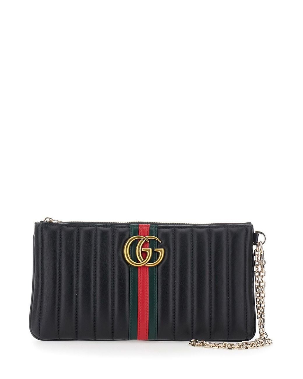 Gucci Black 'Marmont' Clutch With Chain Shoulder Strap And Web Stripe