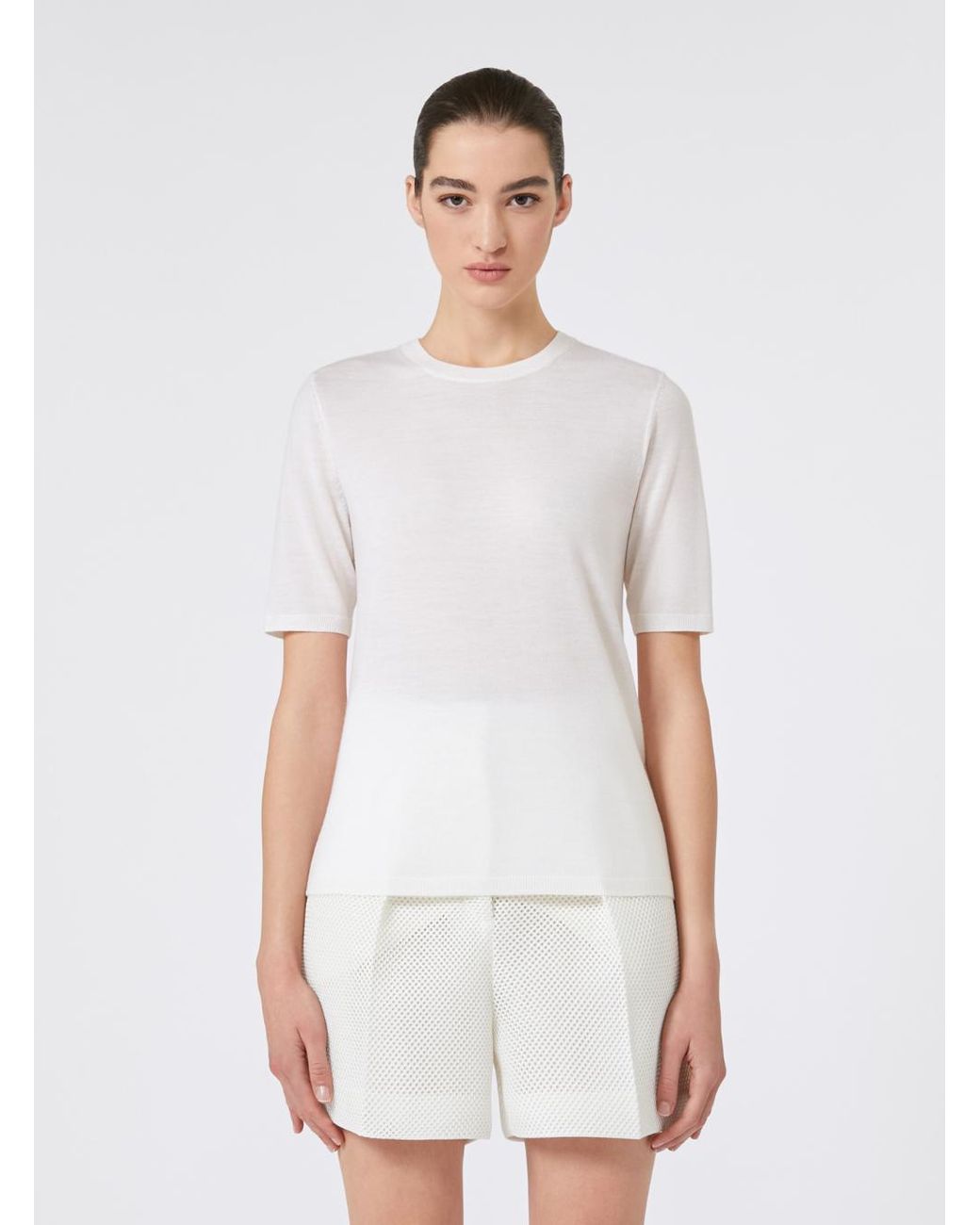 Max Mara White Crewneck Wool Sweater With Short Sleeves Virgin Tops