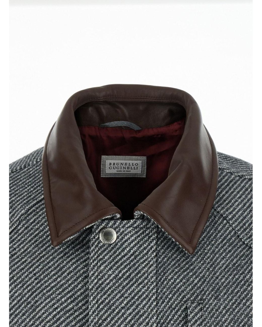 Brunello Cucinelli Gray Jacket With Leather Collar And Diagonal Motif for men