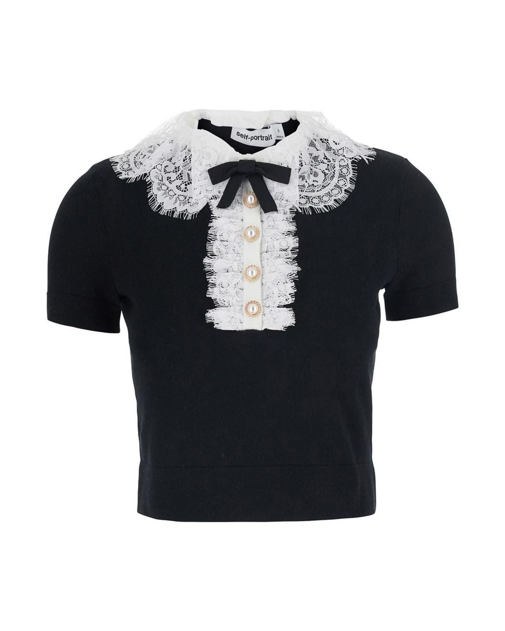 Self-Portrait Black Top With Lace Collar, Wool Tops