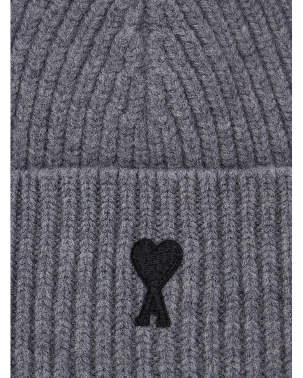 AMI Gray Ribbed Wool Beanie Hat for men