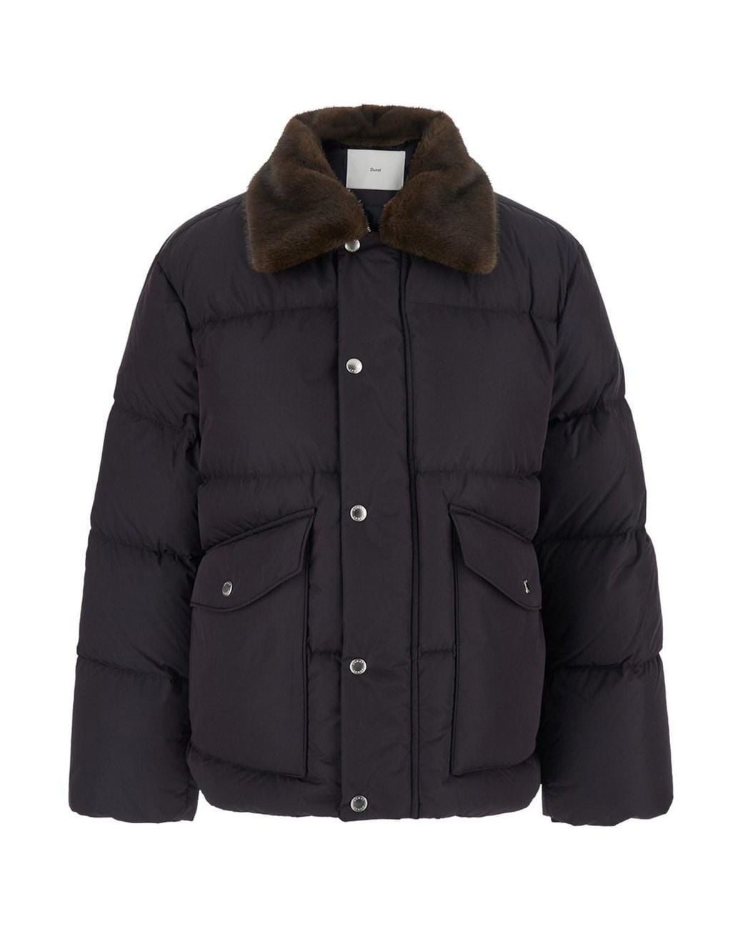 DUNST Black Down Jacket With Leather Collar And Front Closure