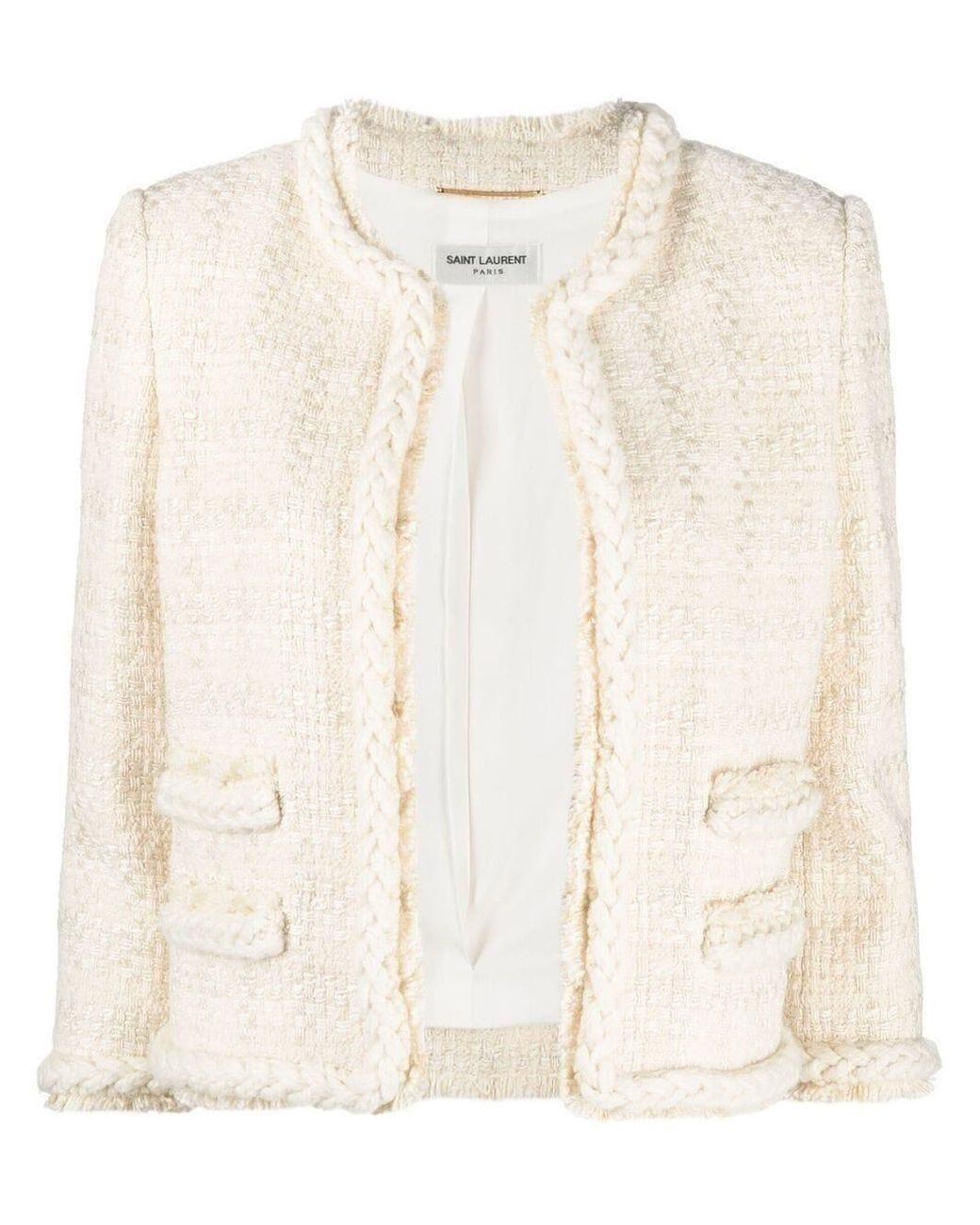 Saint Laurent White Short Jacket In Check Wool And Silk Tweed | Lyst