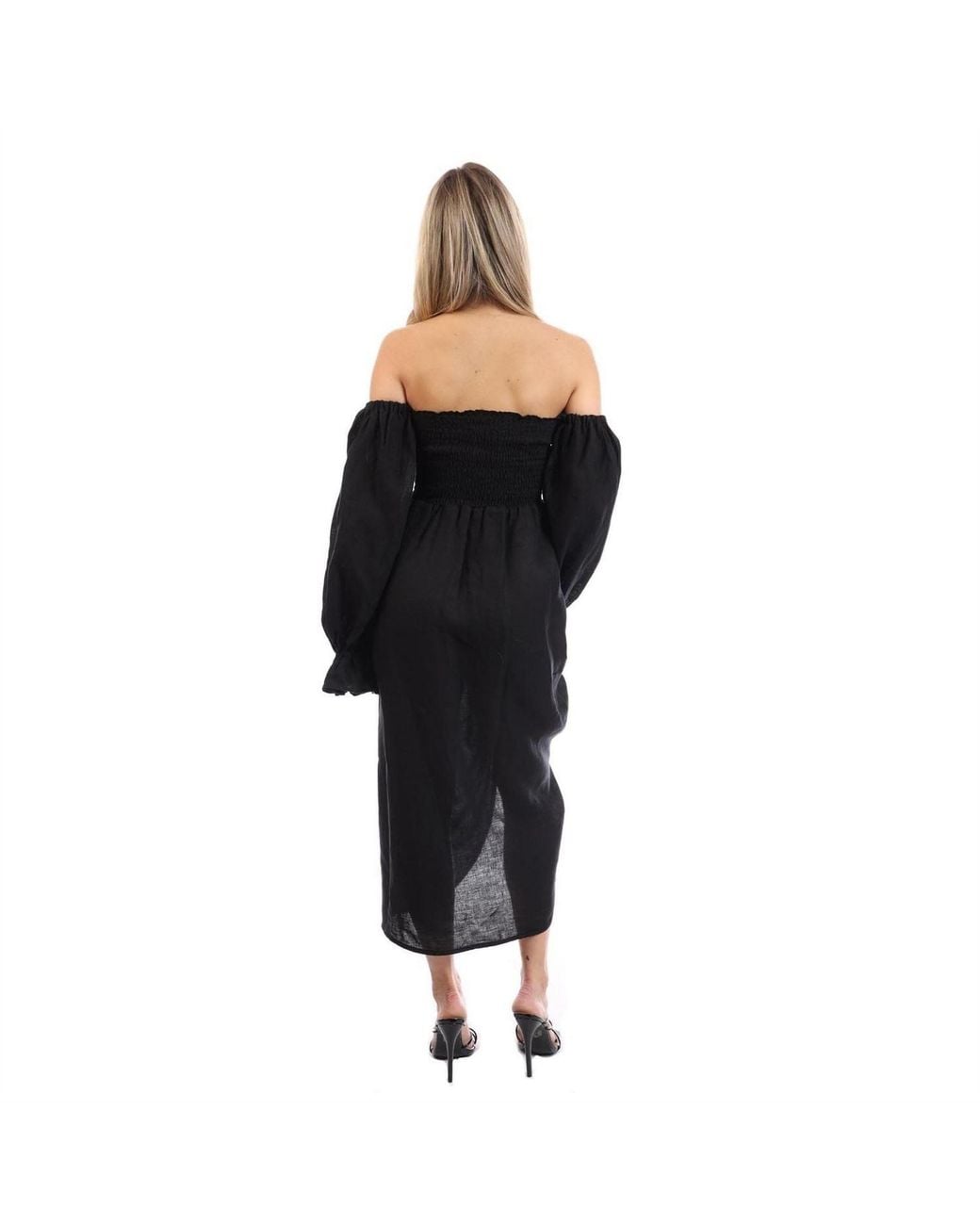 Sleeper Black Linen Dress With Rose Detail