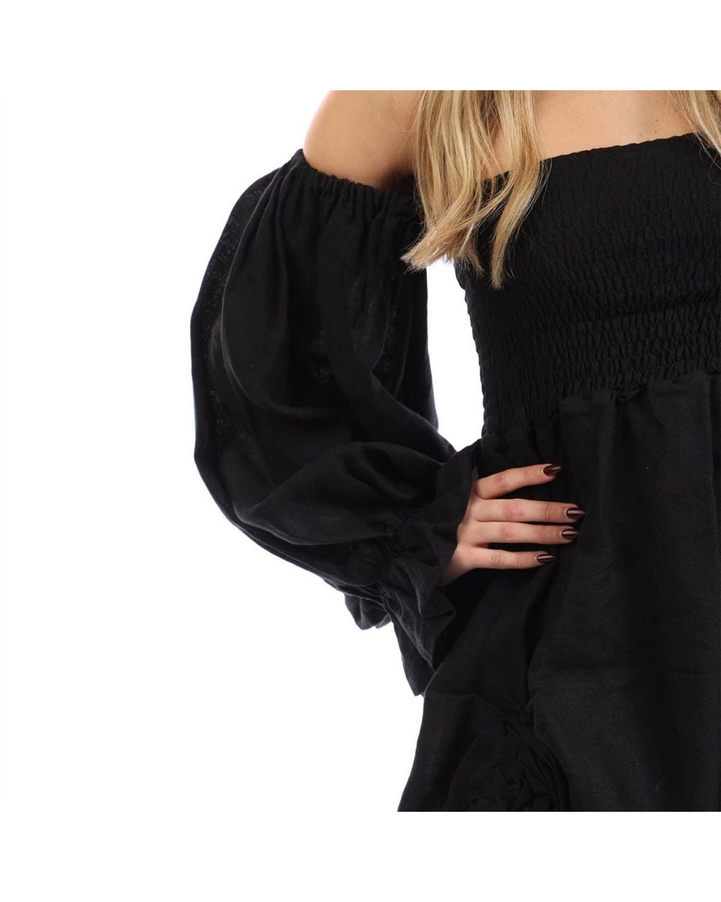 Sleeper Black Linen Dress With Rose Detail