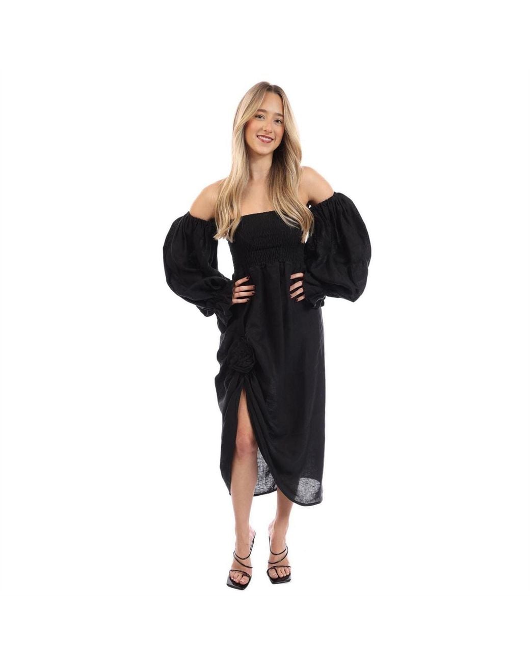 Sleeper Black Linen Dress With Rose Detail
