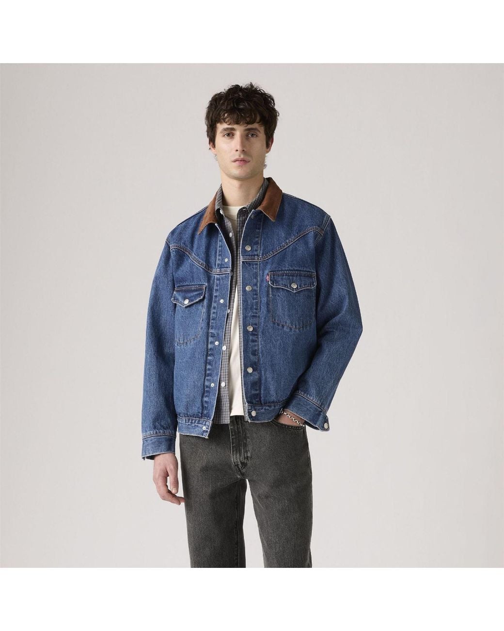 Levi's Blue Western Solid Patterned Snap Button Shirt Collared Denim Jacket for men