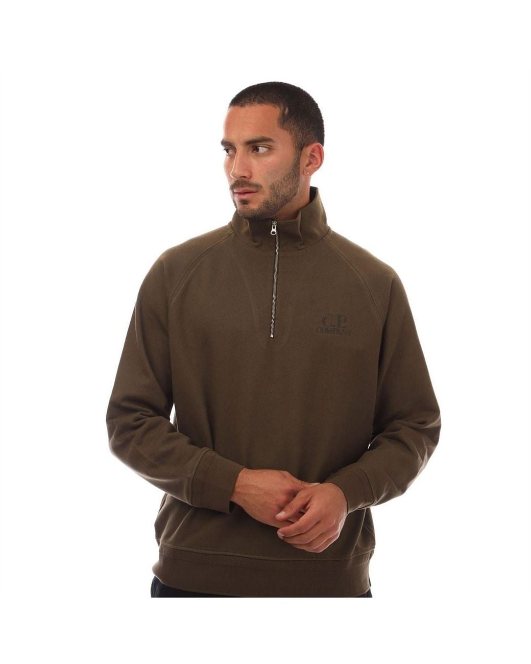 C P Company Brown Raised Fleece Half Zip Logo Sweatshirt for men