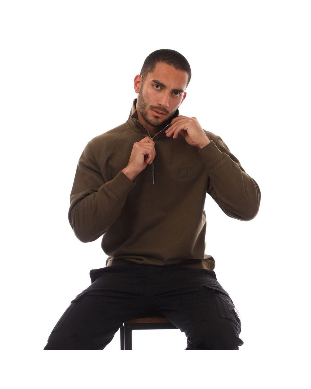 C P Company Brown Raised Fleece Half Zip Logo Sweatshirt for men