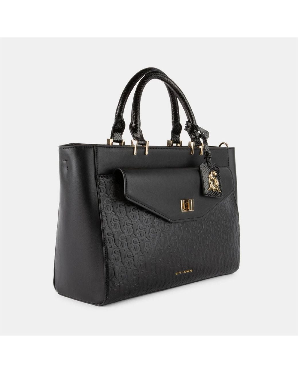 Steve Madden Black Rectangle Shape Tote Handbag With Badge