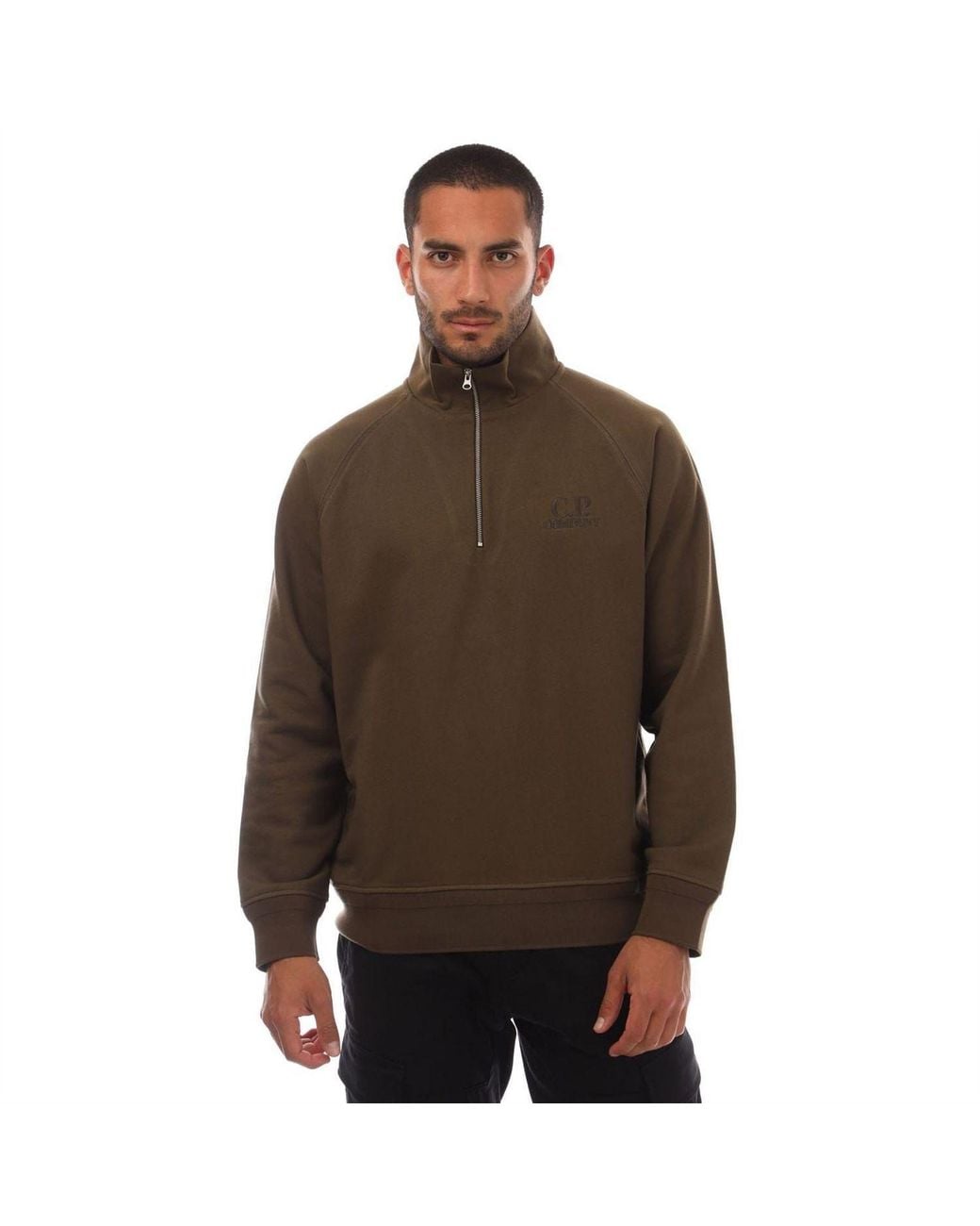 C P Company Brown Raised Fleece Half Zip Logo Sweatshirt for men