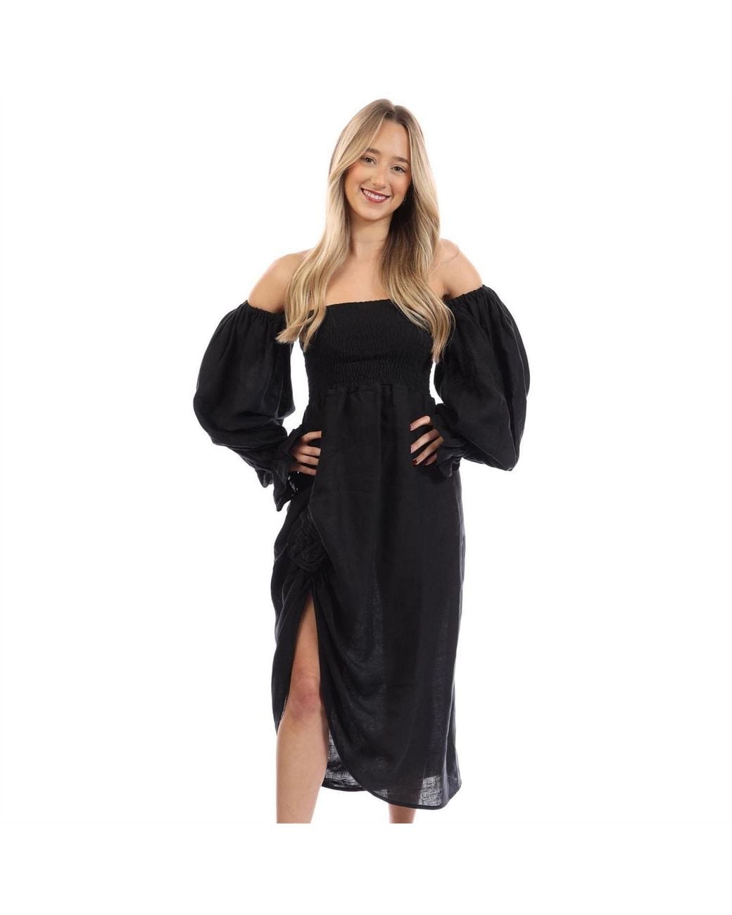 Sleeper Black Linen Dress With Rose Detail