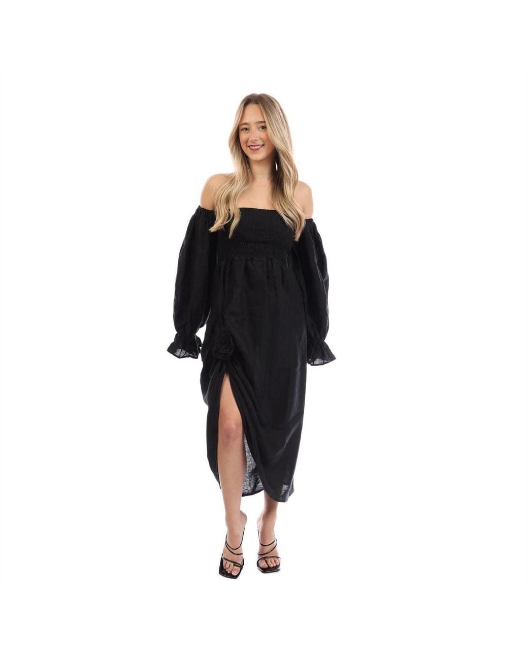 Sleeper Black Linen Dress With Rose Detail