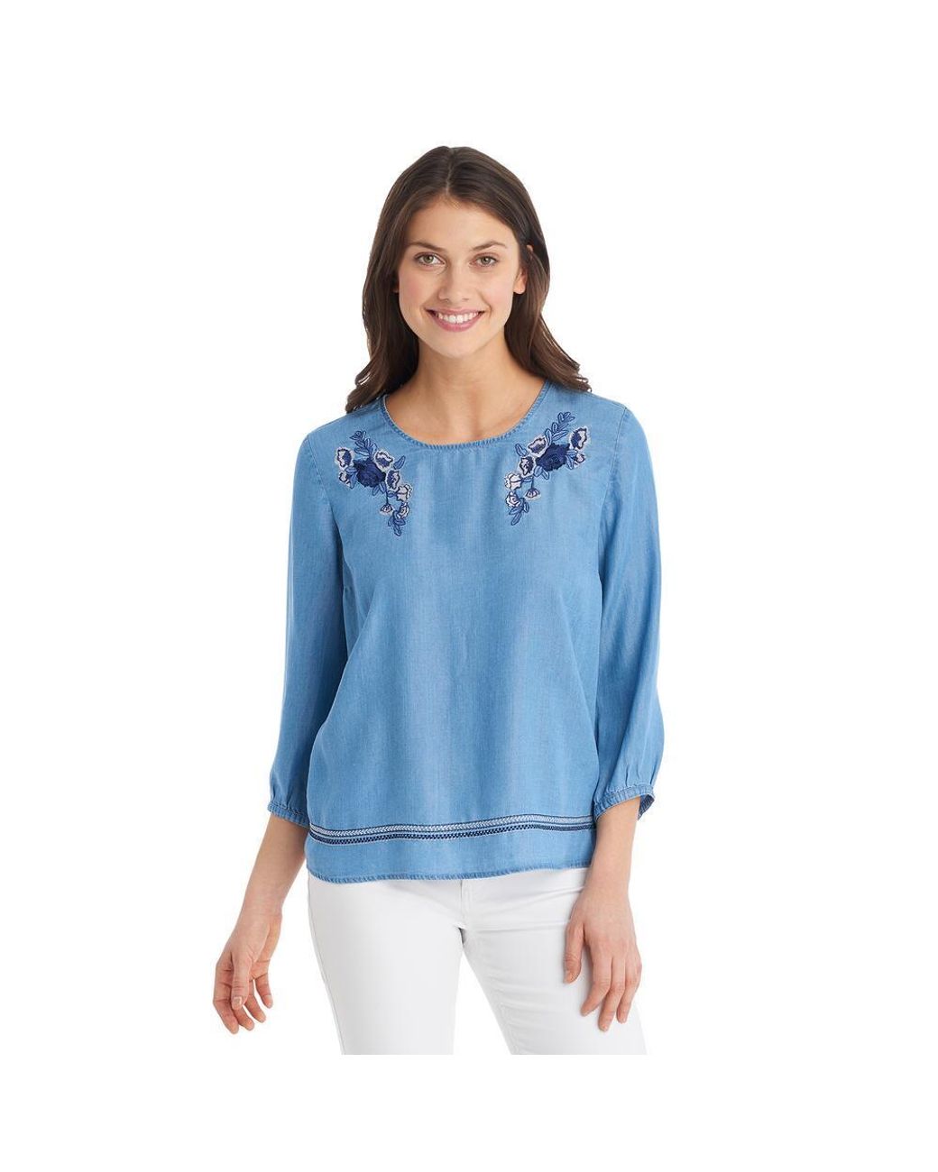 G.H.BASS G.h. Bass Three Quarter Sleeve Embroidered Top Petite in Blue ...