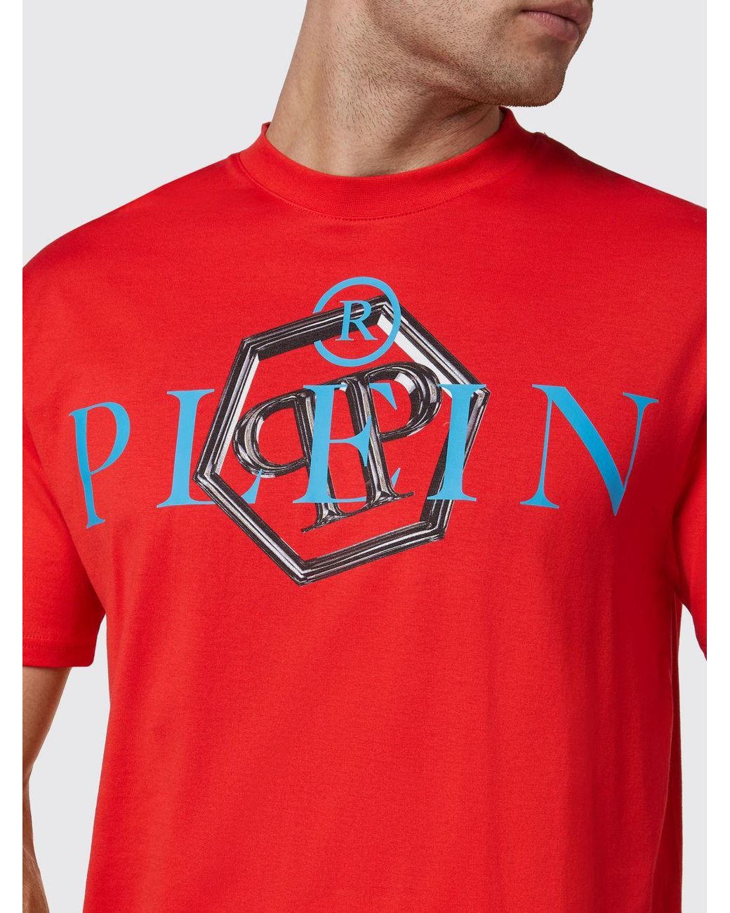 Philipp Plein Red Cotton T-Shirt With Crew Neck And Contrasting Logo Print for men