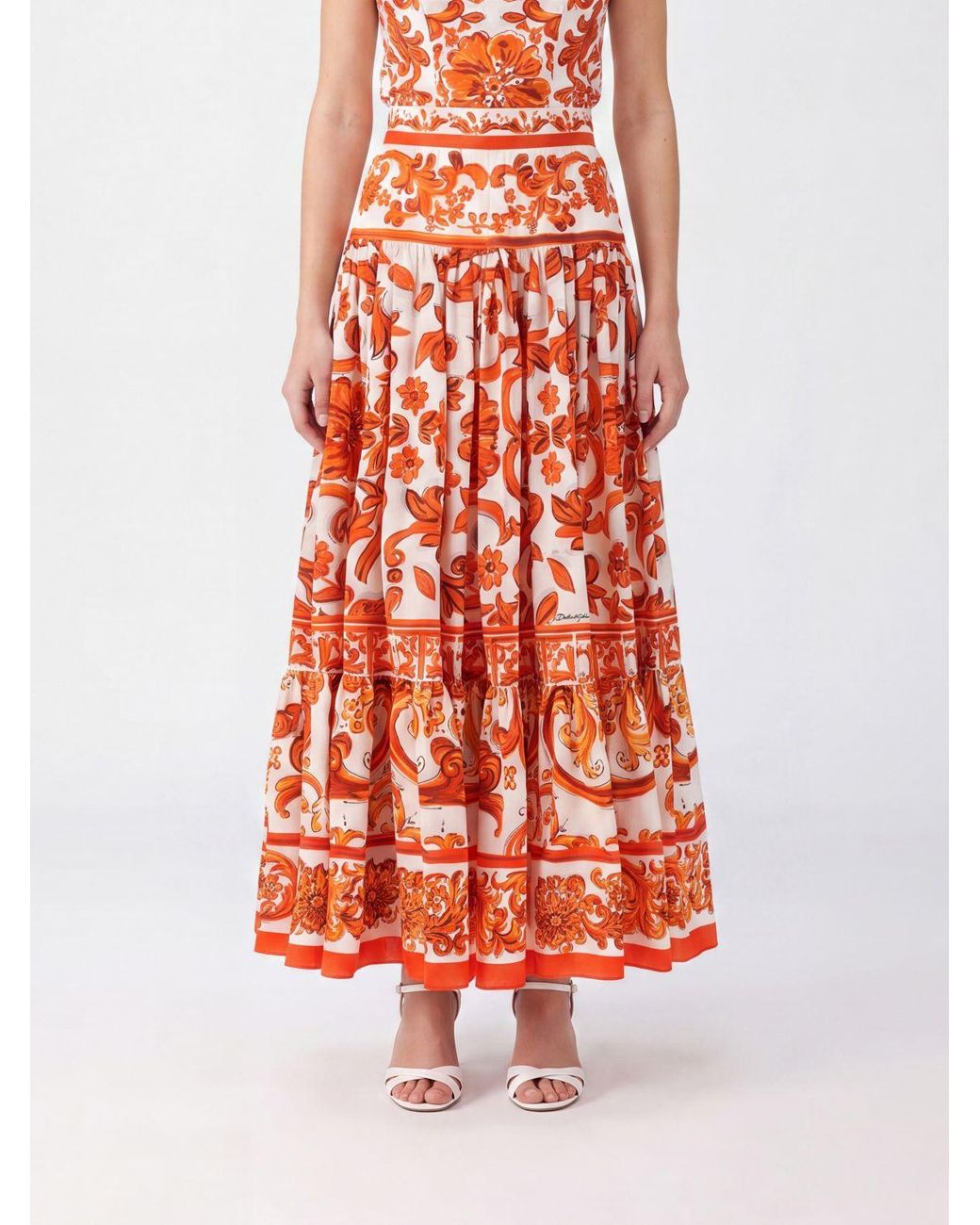 Dolce & Gabbana Red Dolce &Amp Gabbana Majolica Print Cotton Full Midi Skirt