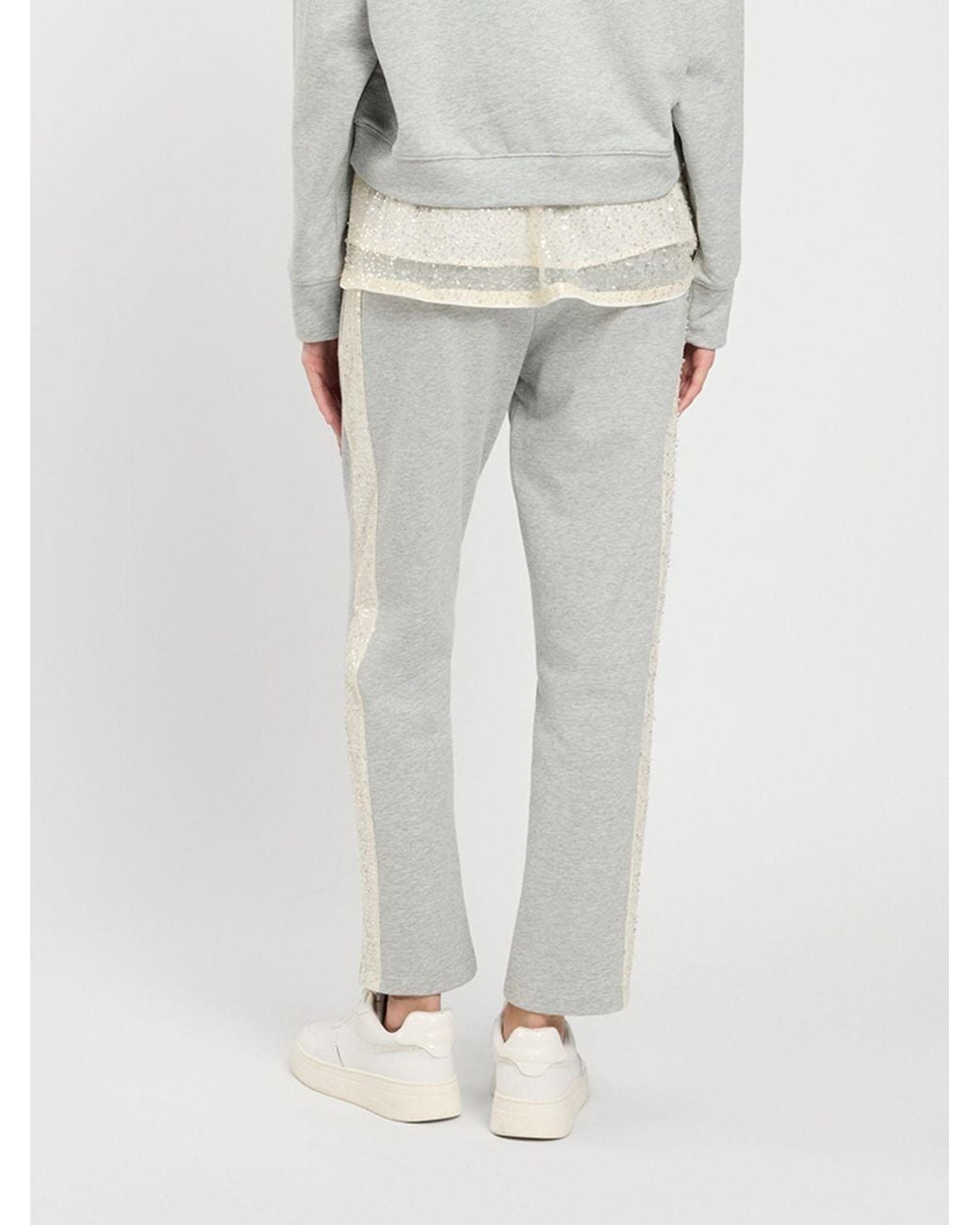Twinset Gray Cotton Blend Jogging Trousers With Sequin Embroidery And Elastic Waist