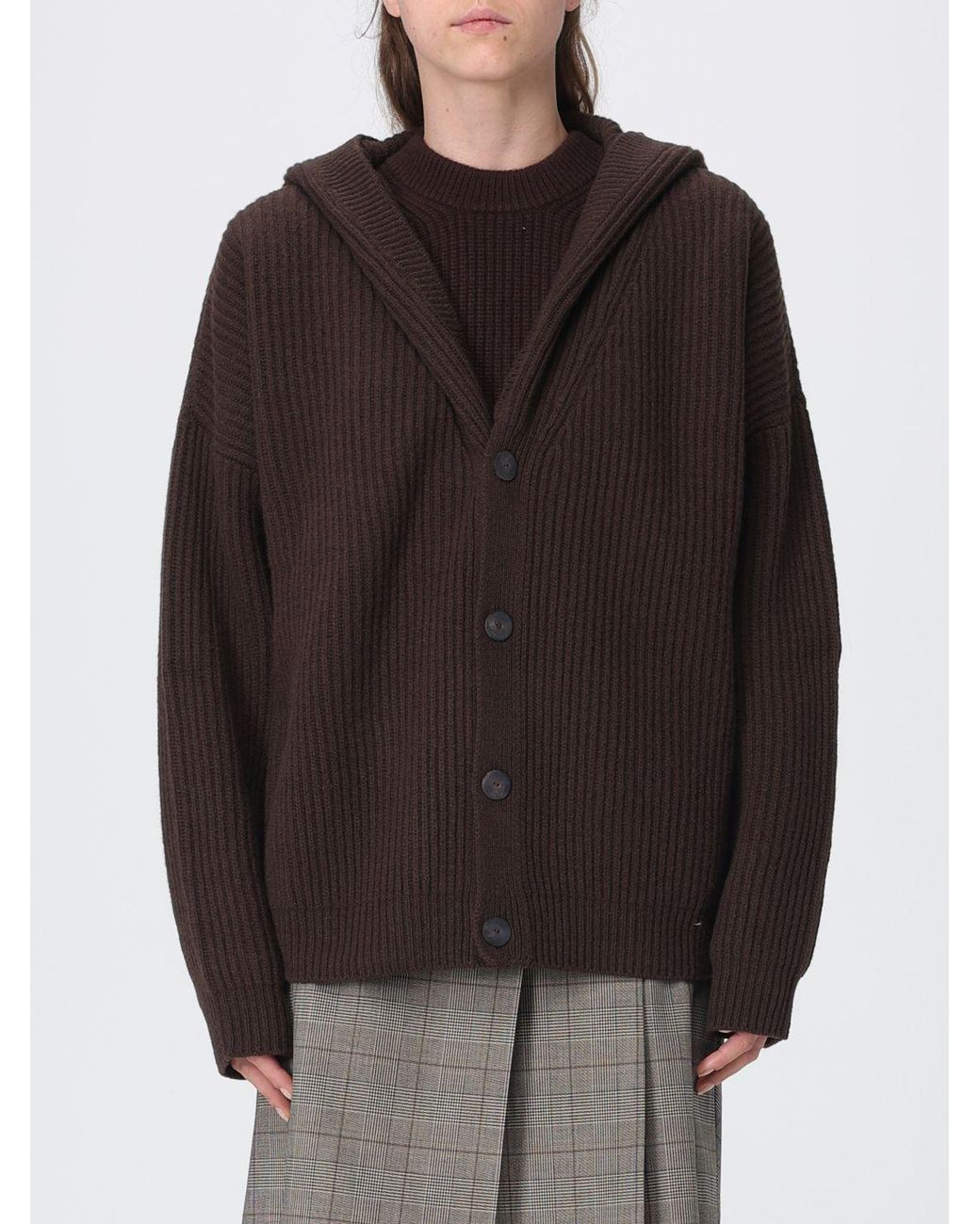 Dondup Brown Hooded Wool Cardigan With V-Neck And A Relaxed Fit