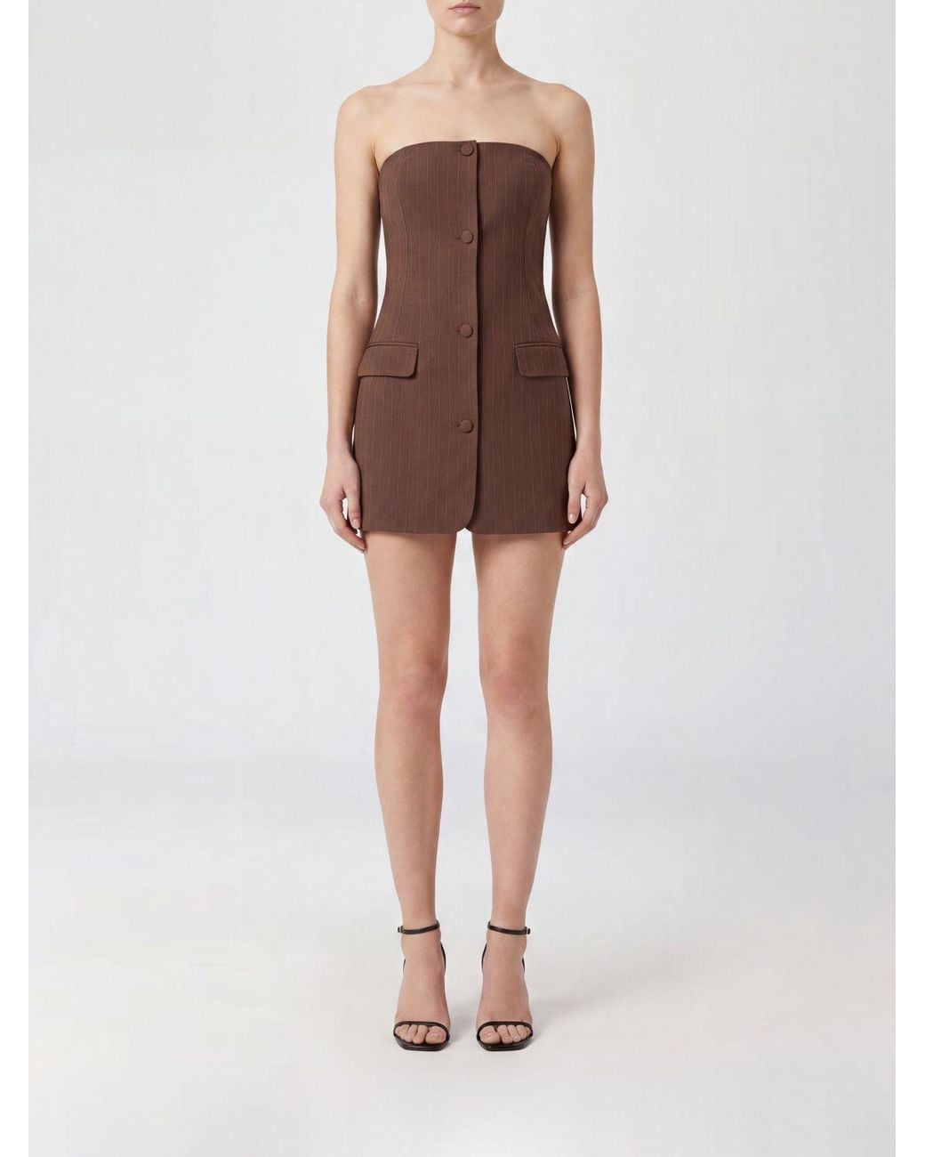 Jean Paul Gaultier Brown Pinstripe Wool Off-The-Shoulder Mini Sheath Dress
