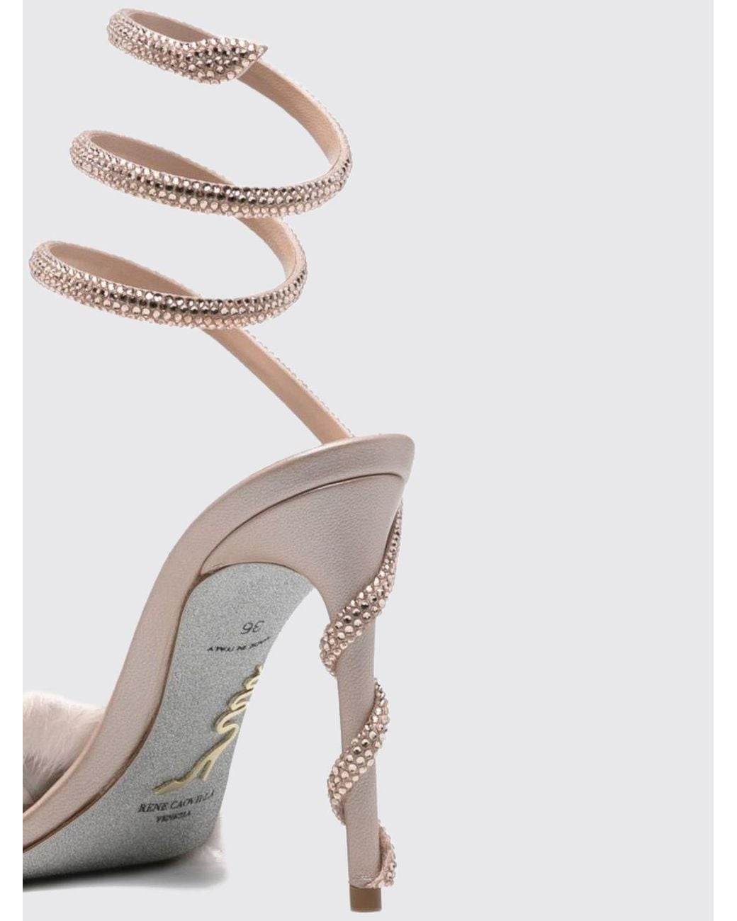 Rene Caovilla Natural Margot Leather Sandals With Stiletto Heel And Crystal Snake Strap
