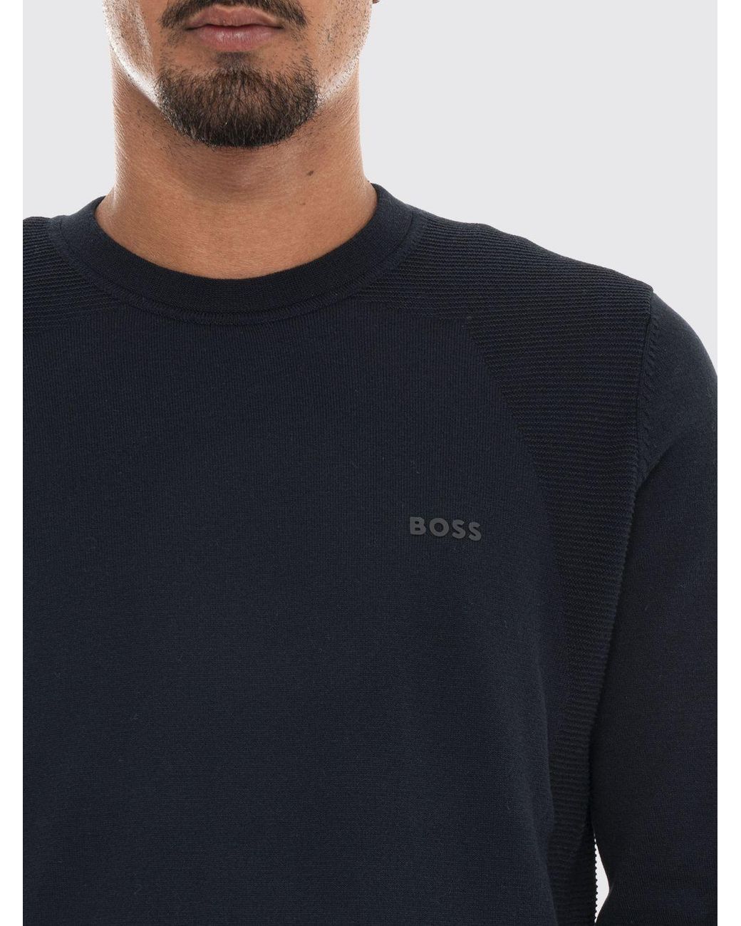 Boss Blue Cotton Blend Crew Neck Jumper With Long Sleeves And Ribbed Trims for men