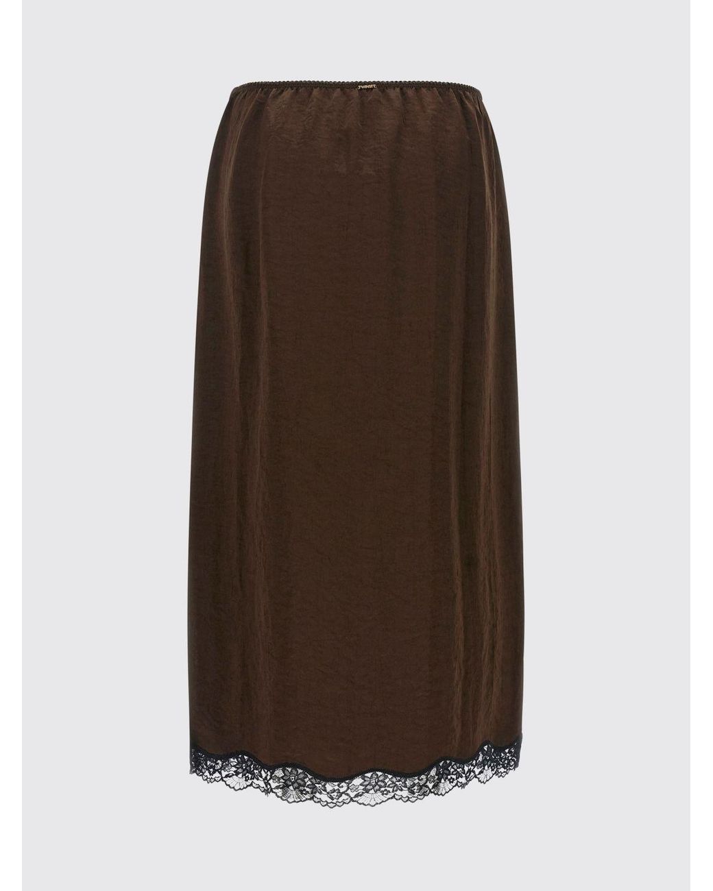 Twinset Brown A-Line Satin Midi Skirt With Lace Inserts And High Waist