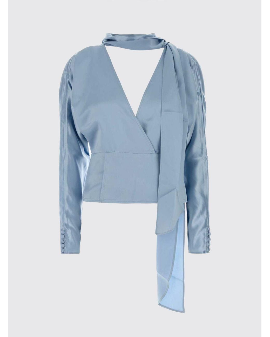 Ganni Blue Pussy-Bow Long-Sleeved Satin Blouse With Dropped Shoulders
